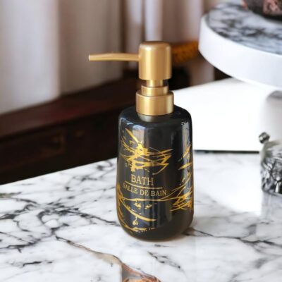 Italian Marble Design Liquid Soap, Shampoo, Conditioner, Shower Gel Dispenser for Bathroom & Kitchen (350ML, Black, Ceramic)