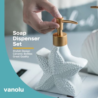 Star Fish Shaped Soap Dispenser White Ceramic Lotion Bottle with Chrome Pump Home Décor for Bathroom Kitchen (White, 420ML,Design 1)