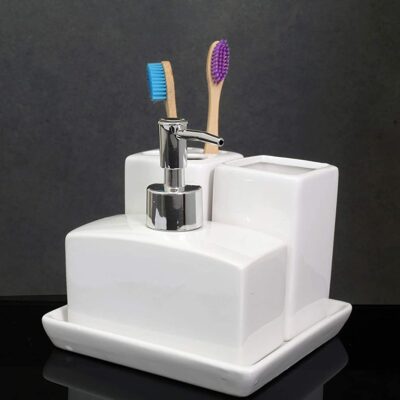 Ceramic Durable 4 Pieces Bathroom Set Liquid Soap Dispenser, Toothbrush Holder, Soap Dish, Tumbler Holder (White)