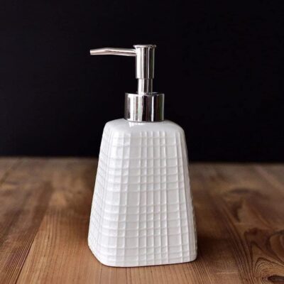 Ceramic Chex Design Liquid Soap, Shampoo, Conditioner, Shower Gel Dispenser (White, 400ML)