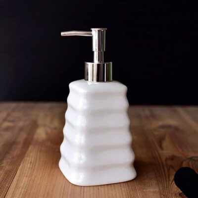Ceramic Round Strip Design Liquid Soap, Shampoo, Conditioner, Shower Gel Dispenser (White, 400ML)