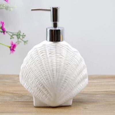Shell-Shaped Soap Dispenser White Ceramic Lotion Bottle with Chrome Pump Home Décor for Bathroom Kitchen (White, 420ML, Design 2)