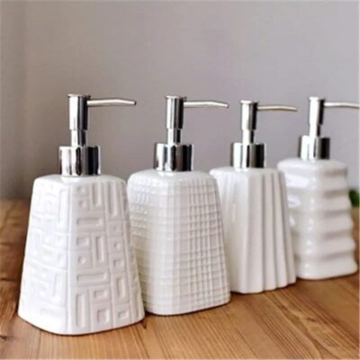 Ceramic Abstract Design Liquid Soap, Shampoo, Conditioner, Shower Gel Dispenser (White, 400ML)