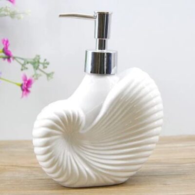 Haff Shell Shaped Soap Dispenser White Ceramic Lotion Bottle with Chrome Pump Home Décor for Bathroom Kitchen (White, 420ML,Design 4, Ceramic)